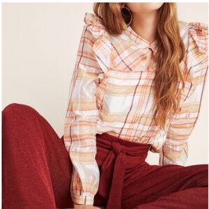Anthropologie Current Air Polly Peasant Ruffle Plaid Pink Rose Top NWT